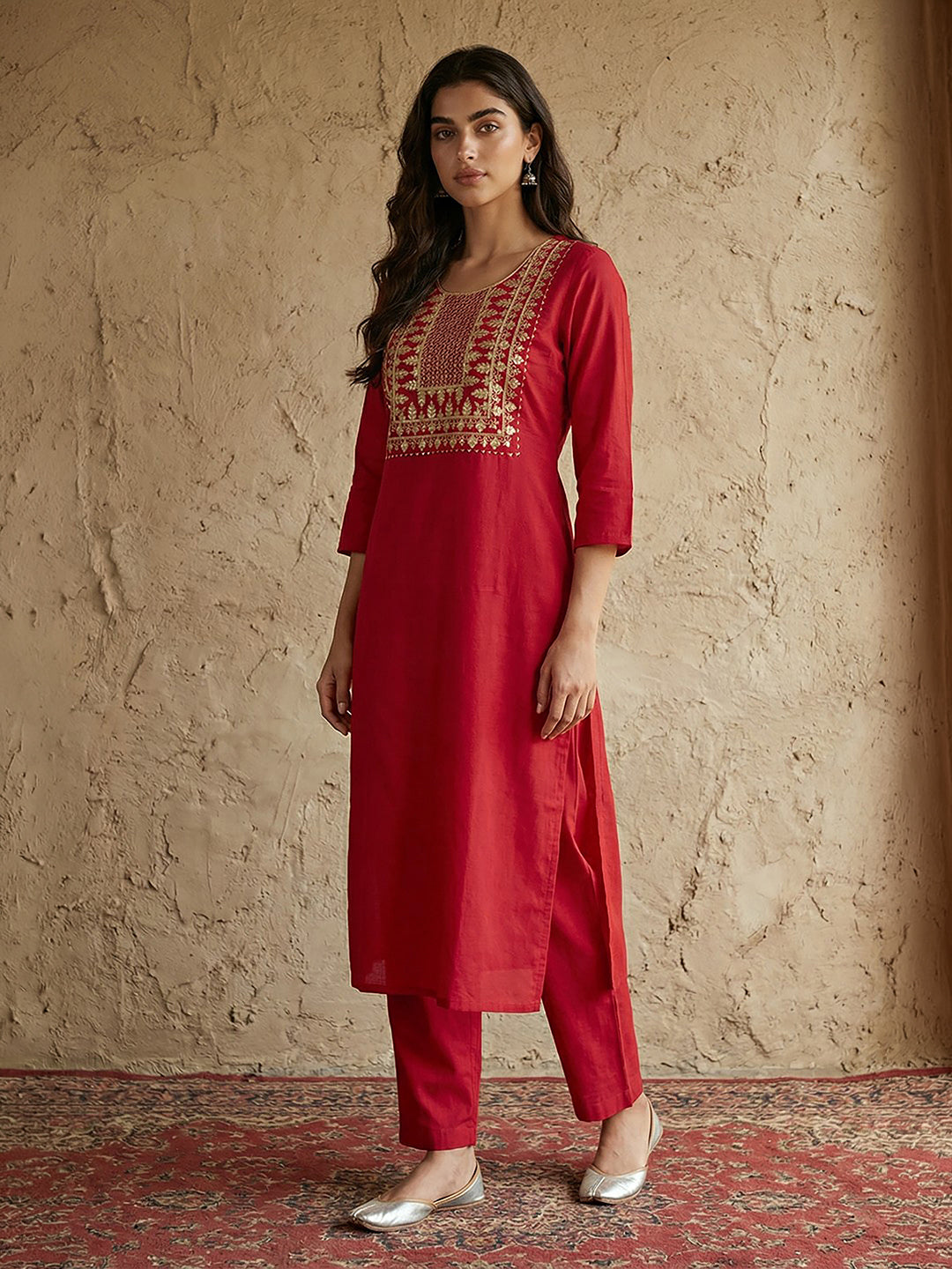Janasya Red Straight Cotton Kurta & Bottom - Dista