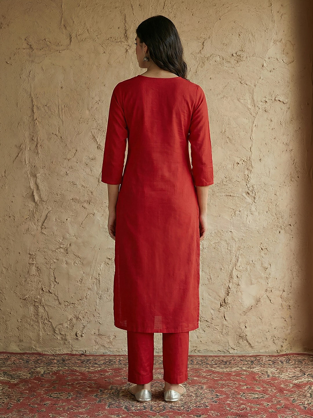 Janasya Red Straight Cotton Kurta & Bottom - Dista