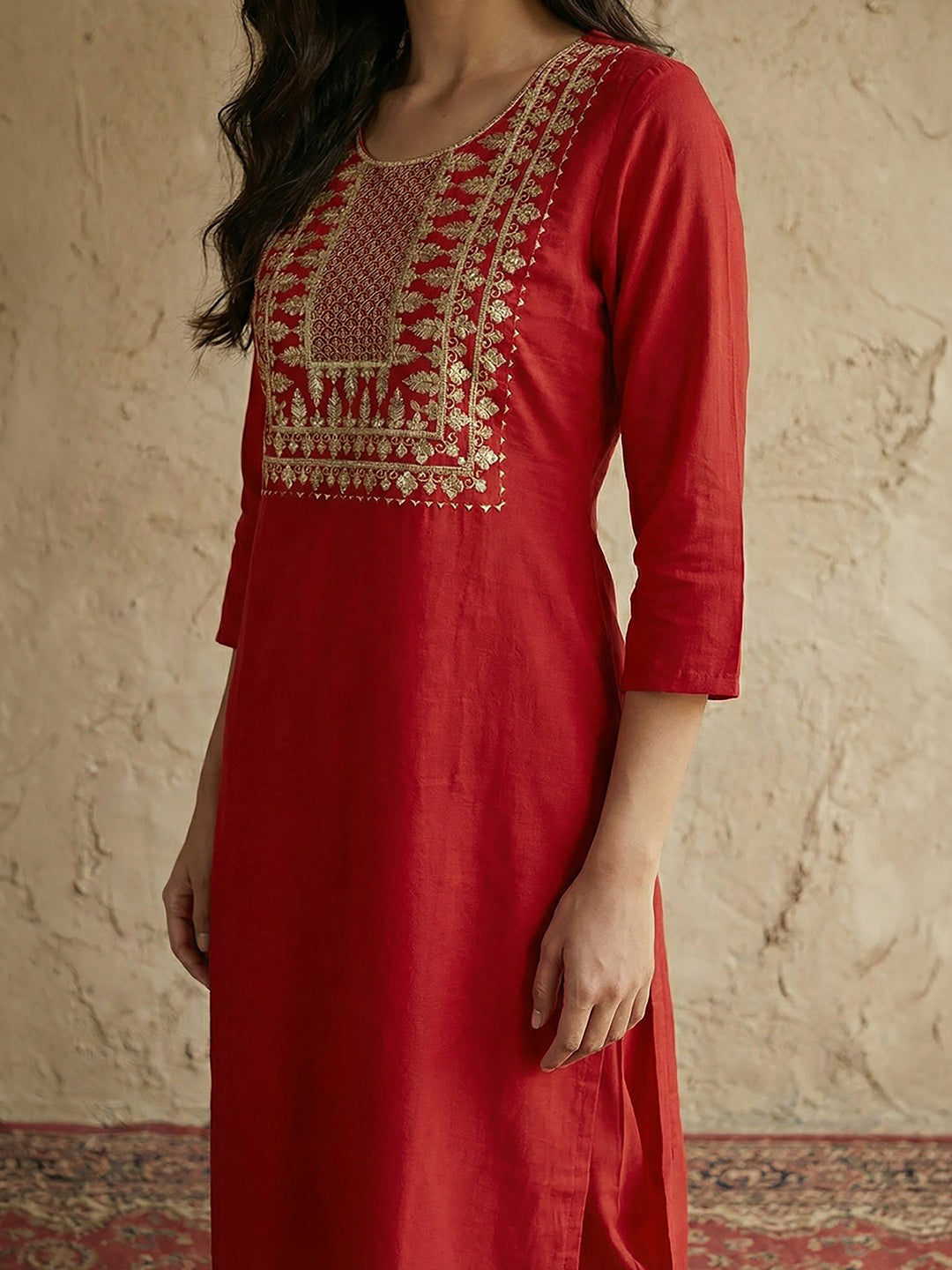 Janasya Red Straight Cotton Kurta & Bottom - Dista