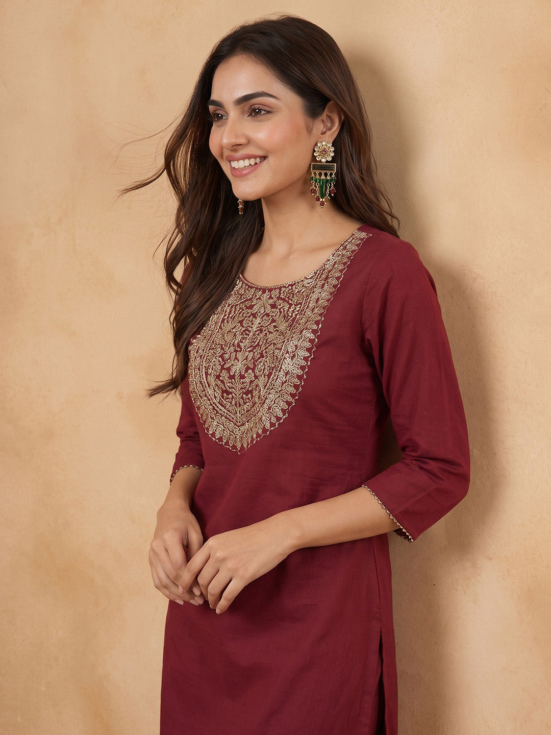 Janasya Maroon Straight Cotton Kurta & Bottom - Dista