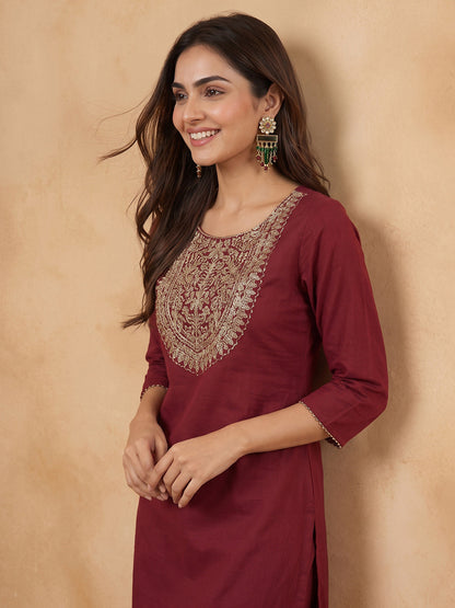 Janasya Maroon Straight Cotton Kurta & Bottom - Dista