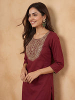 Thumbnail for Janasya Maroon Straight Cotton Kurta & Bottom - Dista