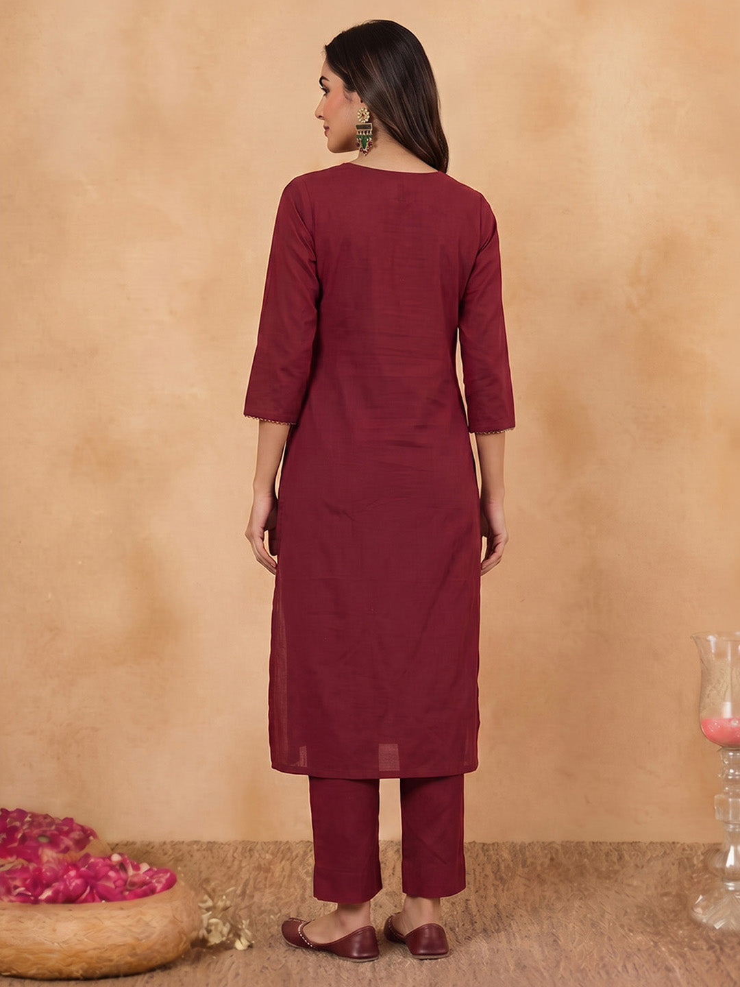Janasya Maroon Straight Cotton Kurta & Bottom - Dista