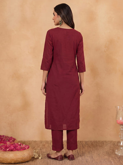 Janasya Maroon Straight Cotton Kurta & Bottom - Dista