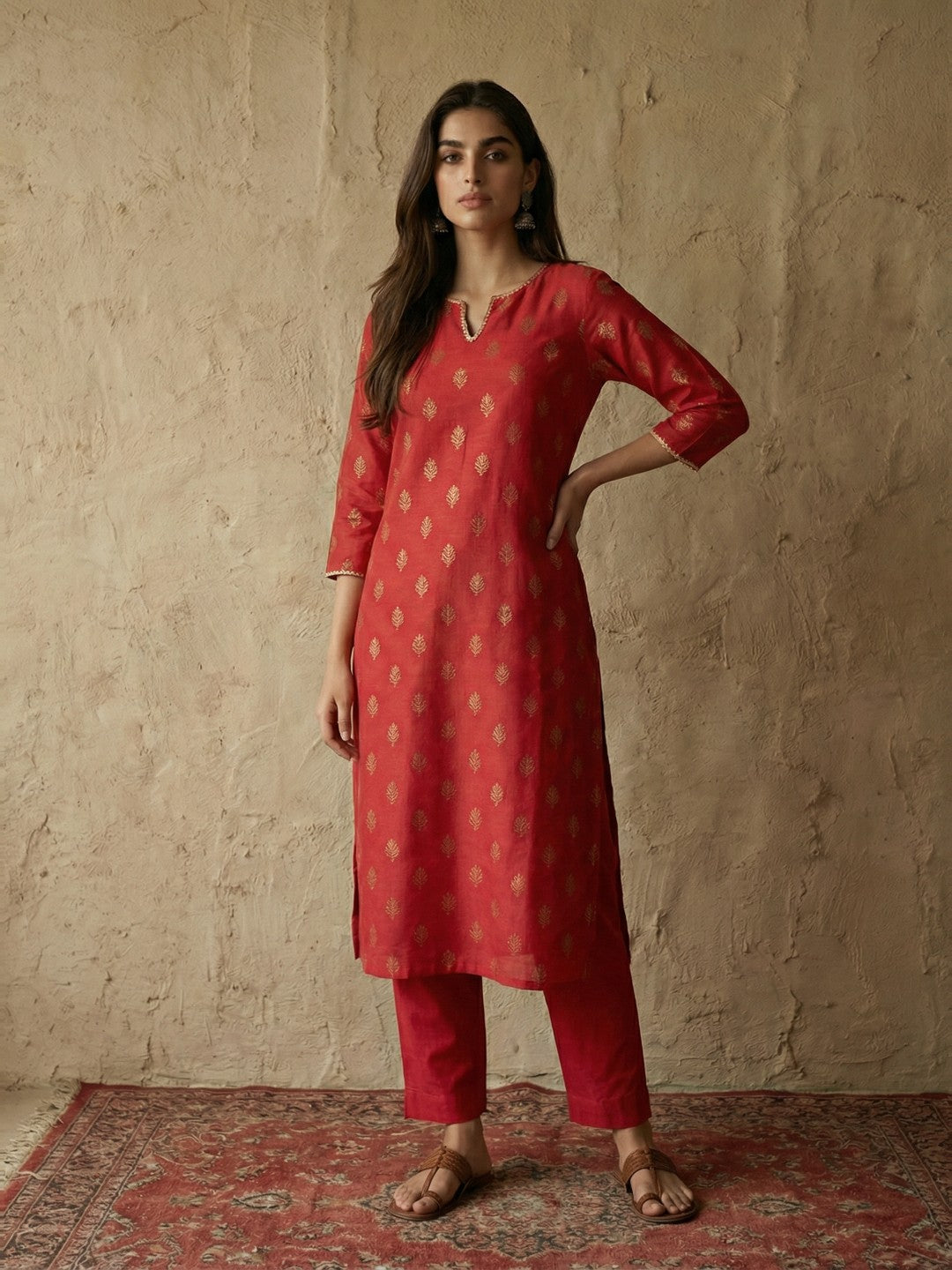 Janasya Red Straight Silk Blend Kurta & Bottom - Dista