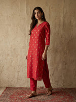 Thumbnail for Janasya Red Straight Silk Blend Kurta & Bottom - Dista