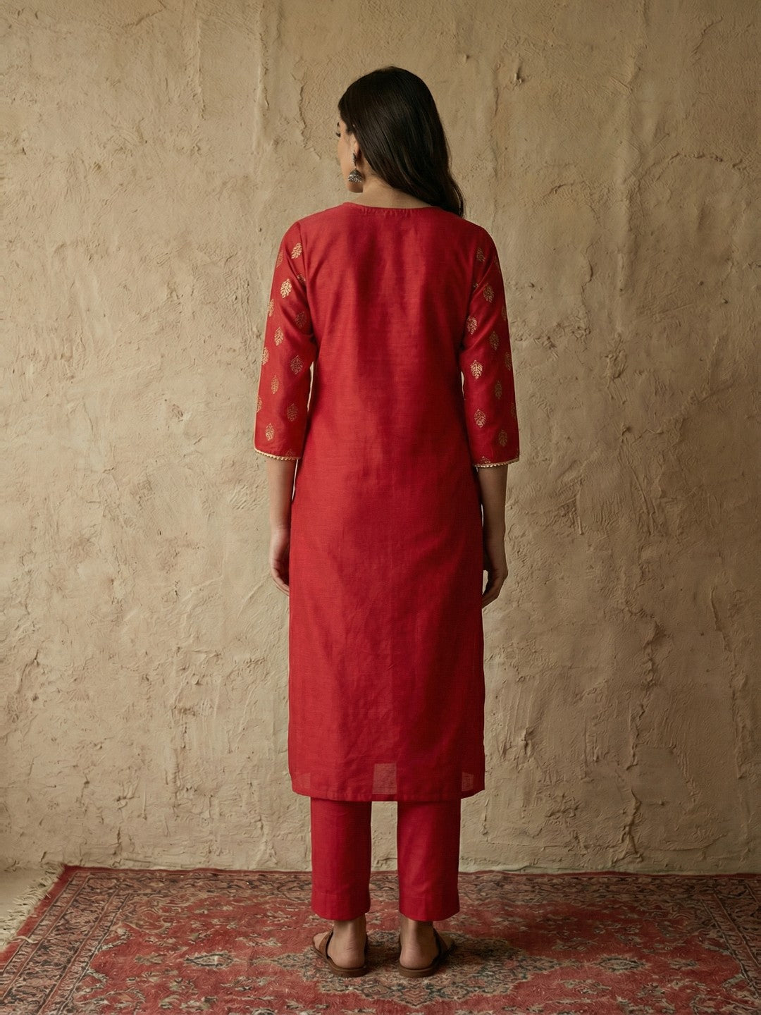 Janasya Red Straight Silk Blend Kurta & Bottom - Dista