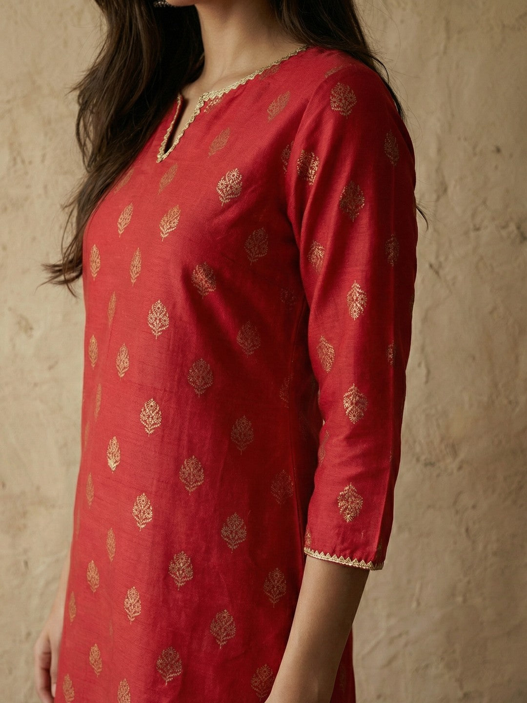Janasya Red Straight Silk Blend Kurta & Bottom - Dista