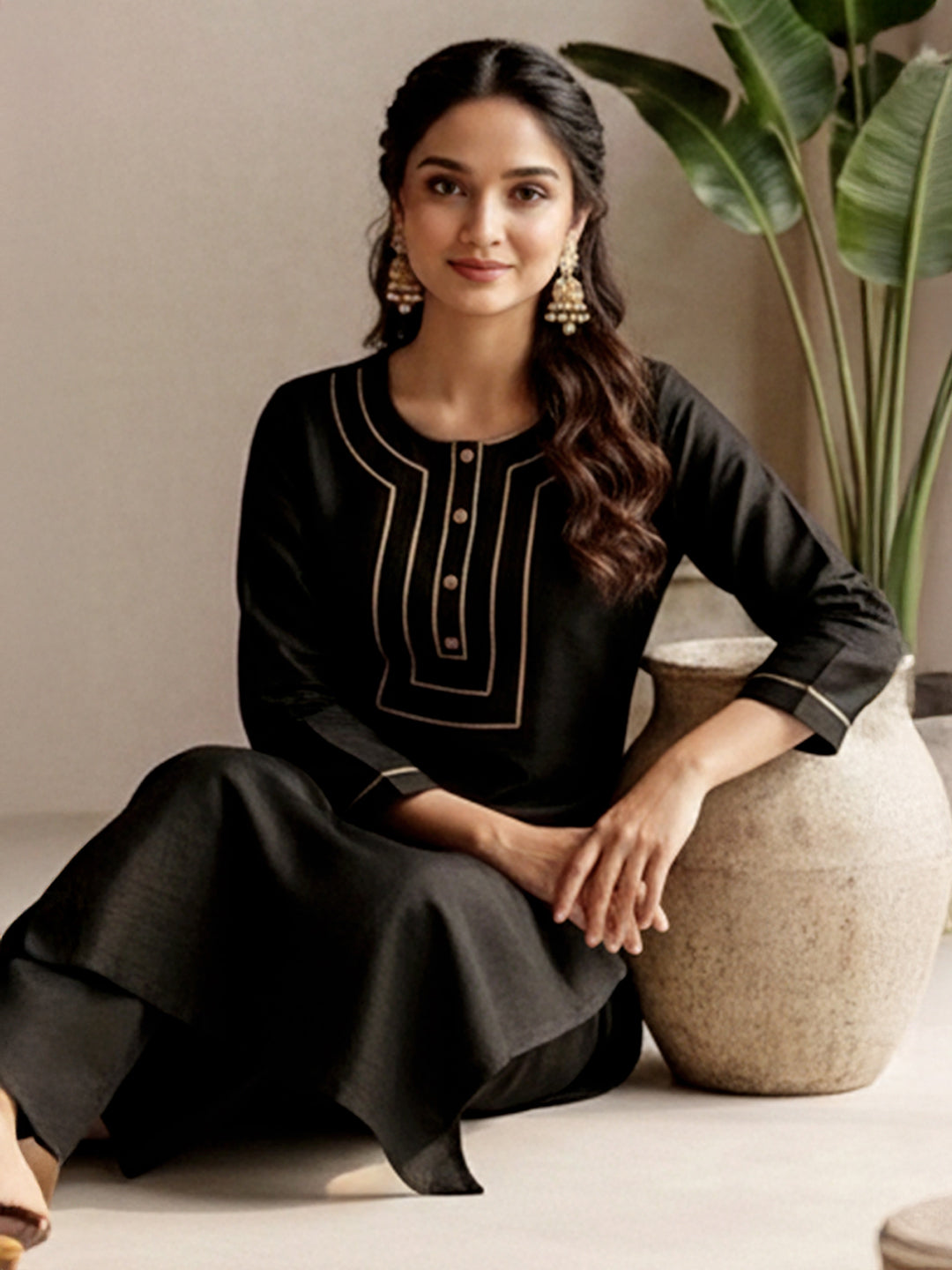 Janasya Black Straight Silk Blend Kurta & Bottom - Dista