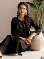 Thumbnail for Janasya Black Straight Silk Blend Kurta & Bottom - Dista