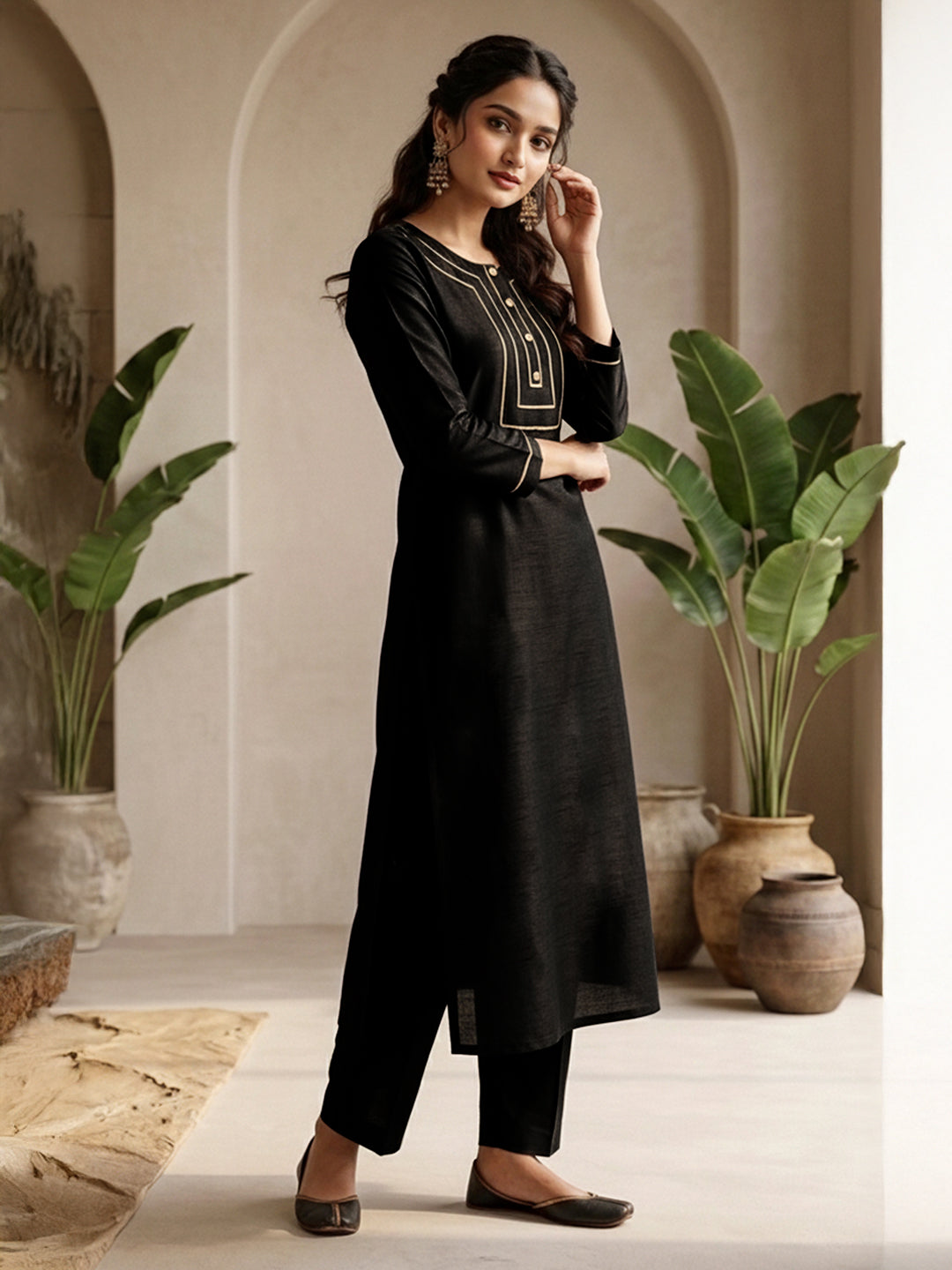 Janasya Black Straight Silk Blend Kurta & Bottom - Dista