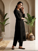 Thumbnail for Janasya Black Straight Silk Blend Kurta & Bottom - Dista