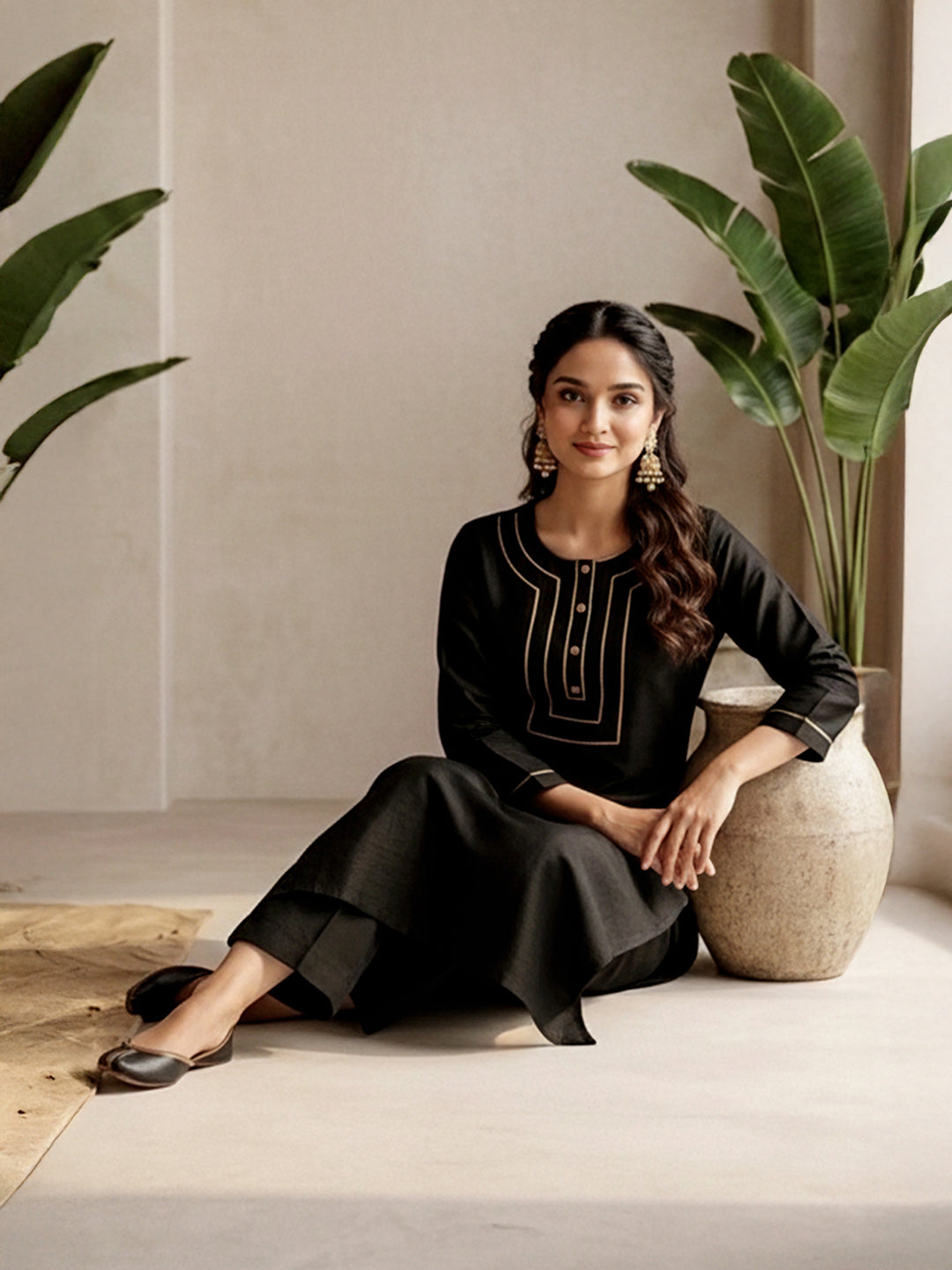 Janasya Black Straight Silk Blend Kurta & Bottom - Dista