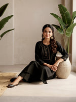 Thumbnail for Janasya Black Straight Silk Blend Kurta & Bottom - Dista