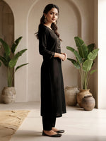 Thumbnail for Janasya Black Straight Silk Blend Kurta & Bottom - Dista