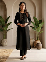Thumbnail for Janasya Black Straight Silk Blend Kurta & Bottom - Dista