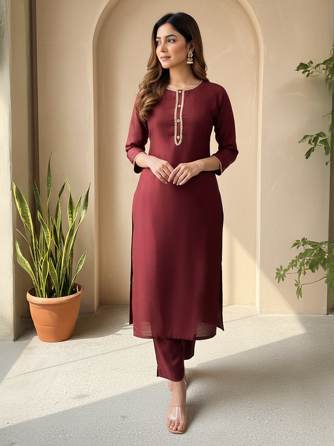 Janasya Brown Straight Silk Blend Kurta & Bottom - Dista