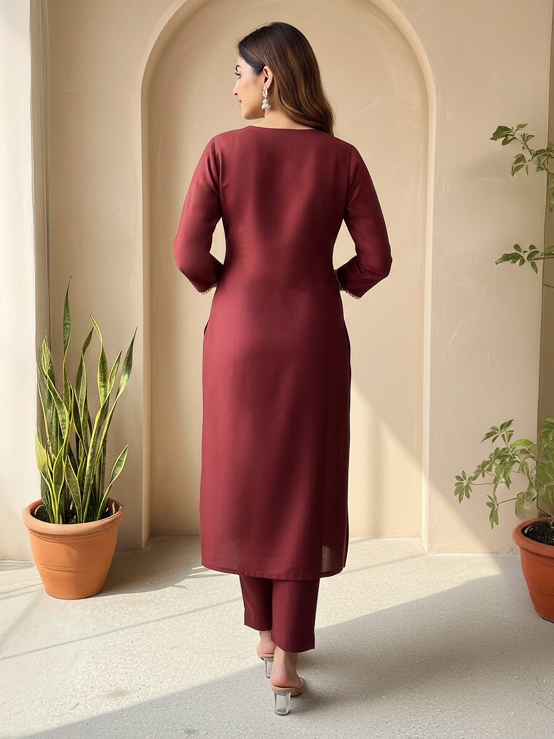 Janasya Brown Straight Silk Blend Kurta & Bottom - Dista