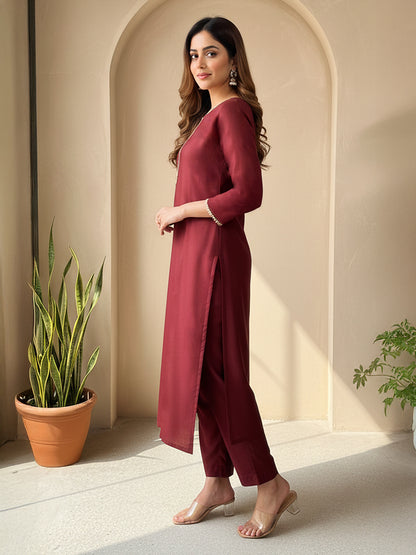 Janasya Brown Straight Silk Blend Kurta & Bottom - Dista