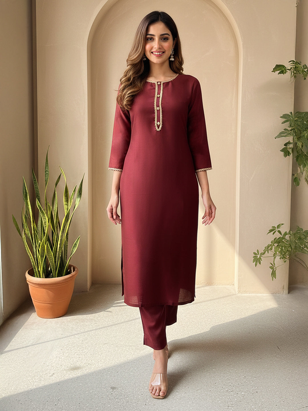 Janasya Brown Straight Silk Blend Kurta & Bottom - Dista
