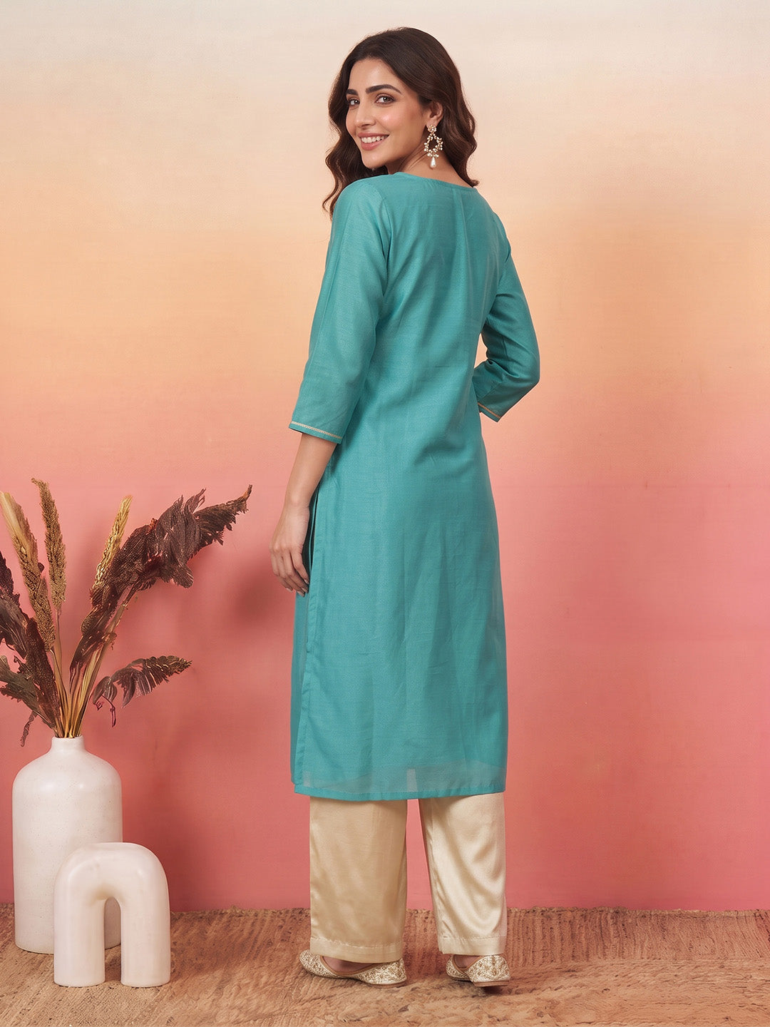 Janasya Aqua Straight Silk Blend Kurta - Dista
