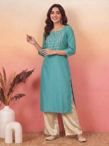 Janasya Aqua Straight Silk Blend Kurta - Dista