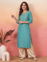Thumbnail for Janasya Aqua Straight Silk Blend Kurta - Dista