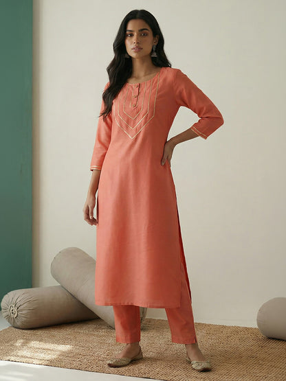 Janasya Peach Straight Silk Blend Kurta - Dista