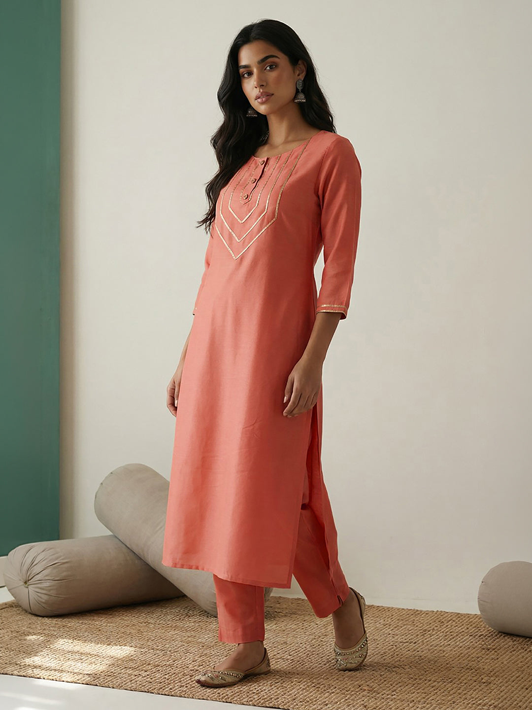 Janasya Peach Straight Silk Blend Kurta - Dista