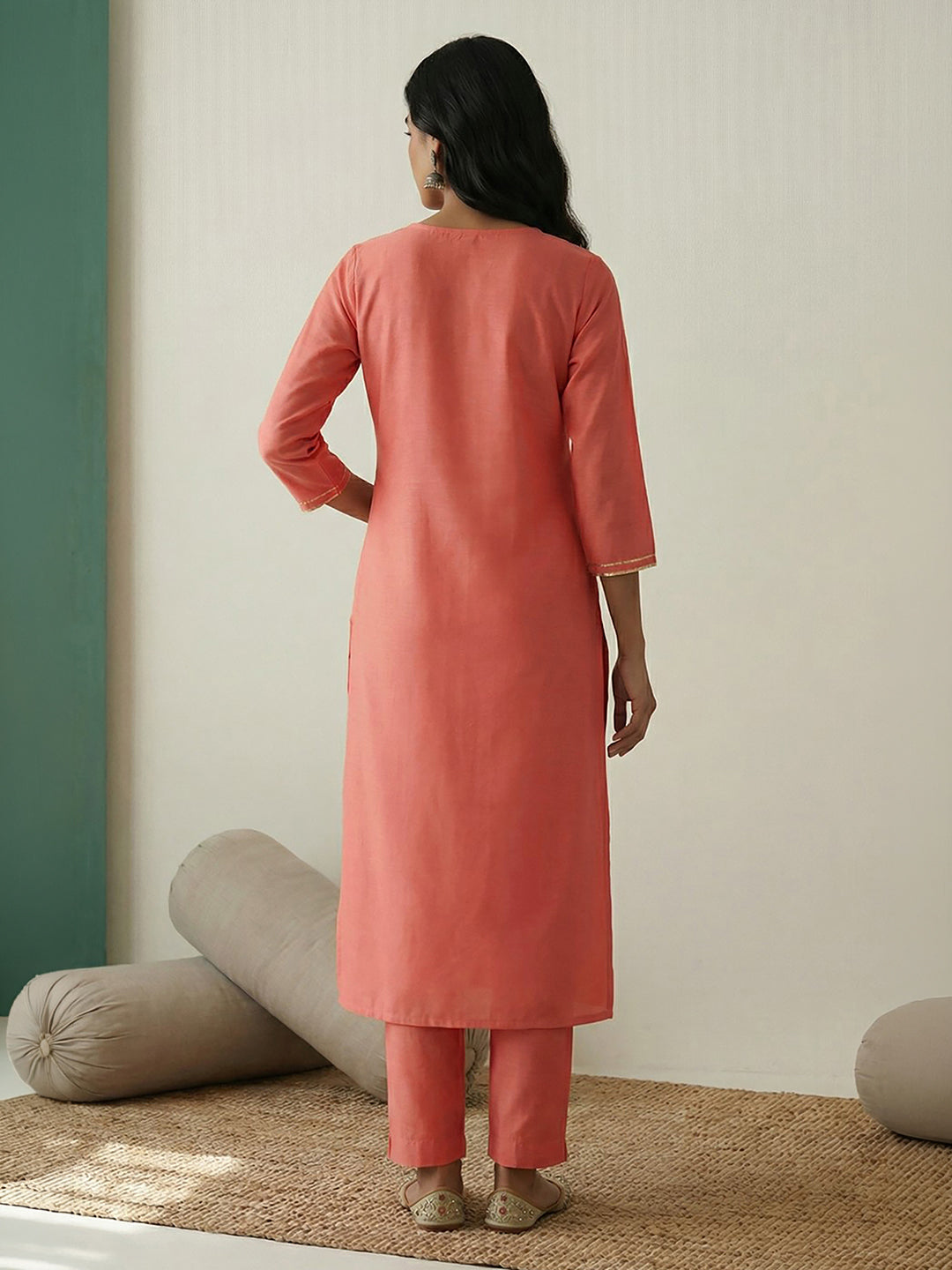 Janasya Peach Straight Silk Blend Kurta - Dista