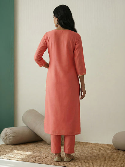 Janasya Peach Straight Silk Blend Kurta - Dista