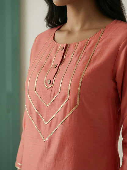 Janasya Peach Straight Silk Blend Kurta - Dista