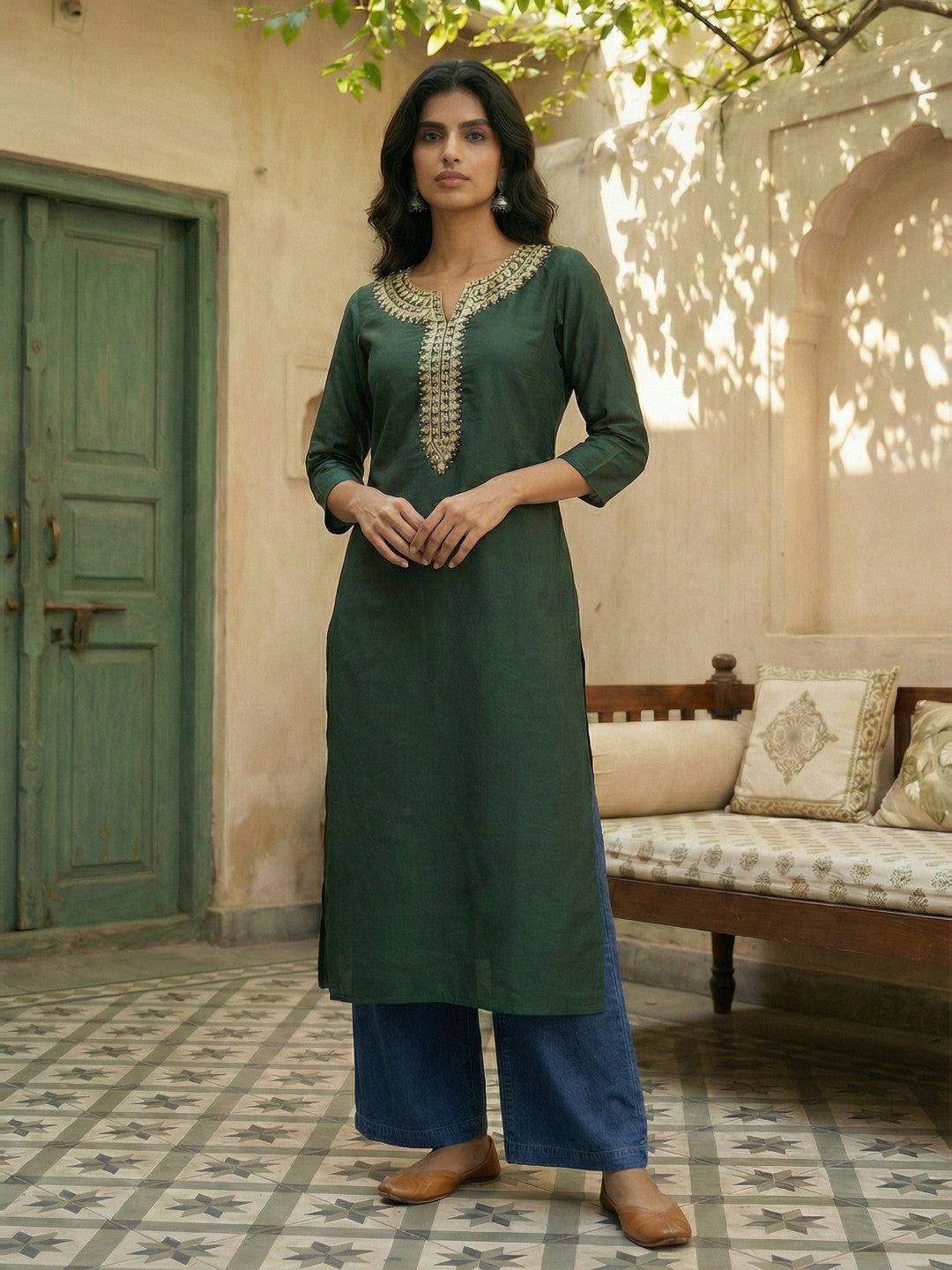 Janasya Dark Green Straight Silk Blend Kurta - Dista