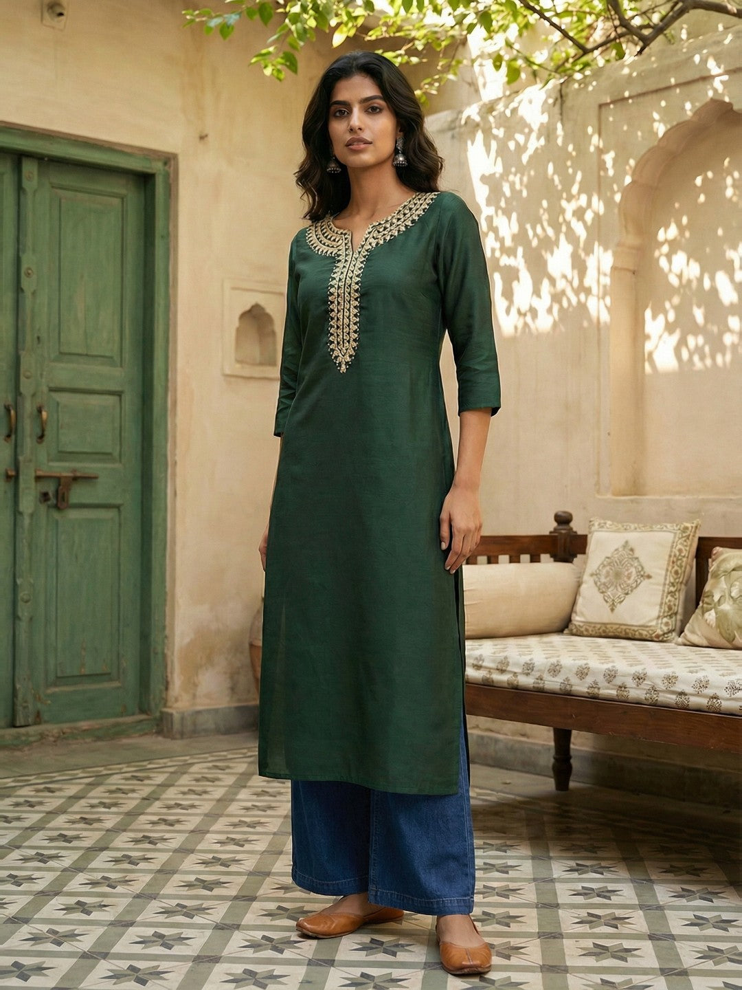 Janasya Dark Green Straight Silk Blend Kurta - Dista
