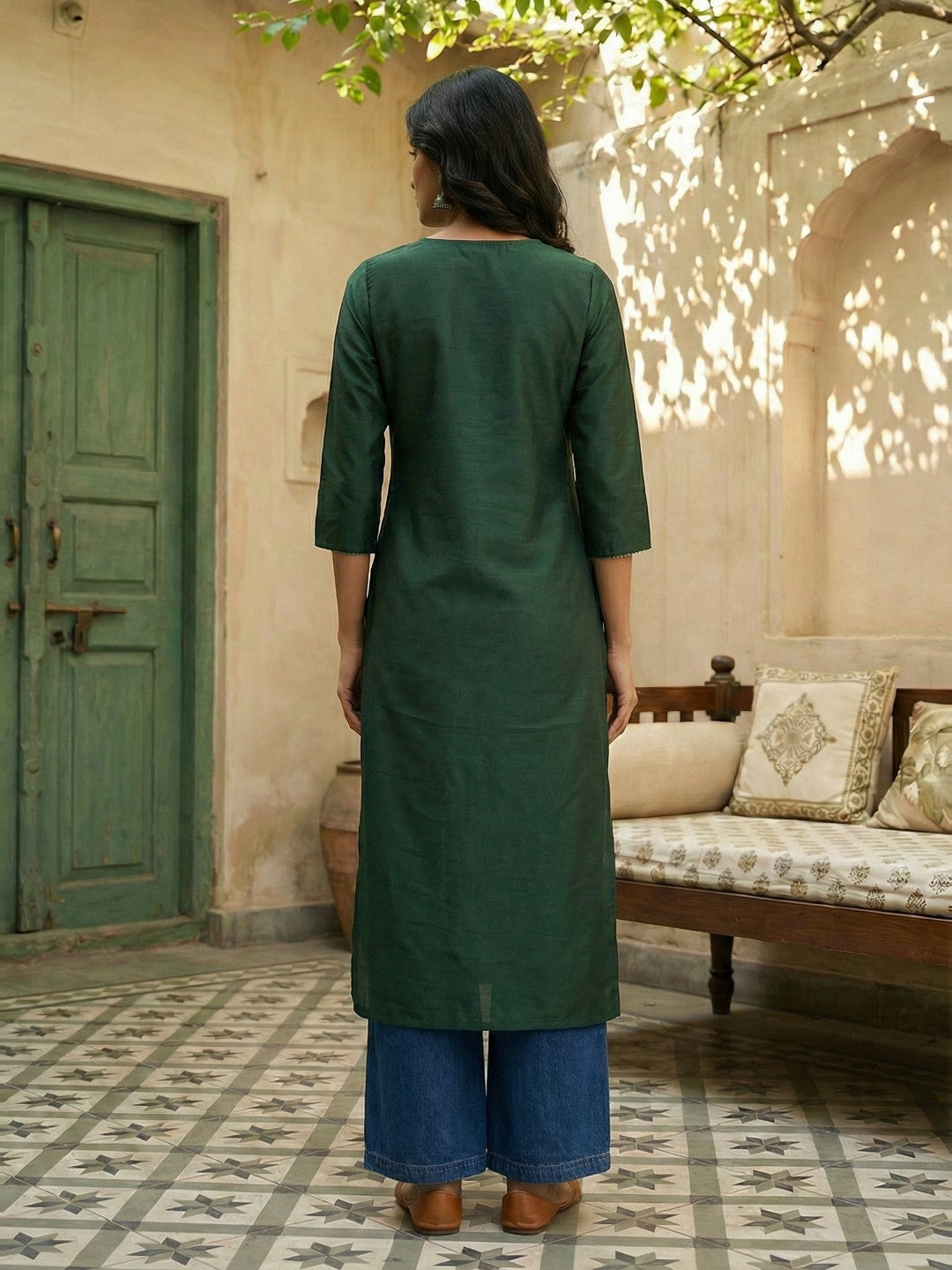 Janasya Dark Green Straight Silk Blend Kurta - Dista