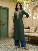 Thumbnail for Janasya Dark Green Straight Silk Blend Kurta - Dista