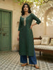 Janasya Dark Green Straight Silk Blend Kurta - Dista