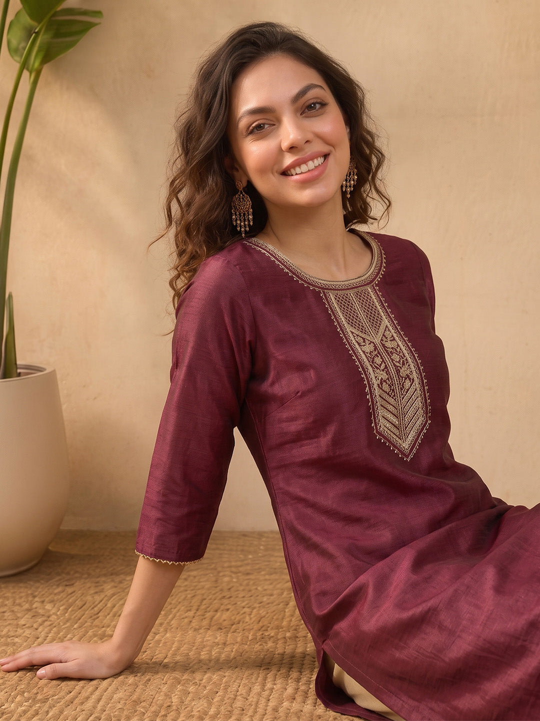 Janasya Wine Straight Silk Blend Kurta - Dista