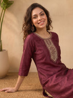 Thumbnail for Janasya Wine Straight Silk Blend Kurta - Dista