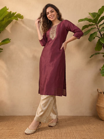 Janasya Wine Straight Silk Blend Kurta - Dista