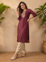 Thumbnail for Janasya Wine Straight Silk Blend Kurta - Dista