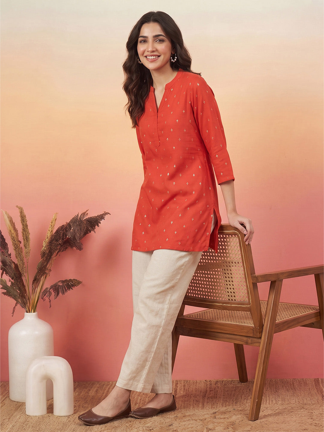 Janasya Rust Straight Rayon Kurta - Dista