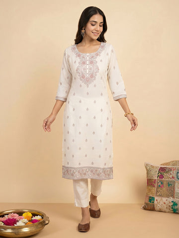 Janasya Off White Straight Cotton Kurta - Dista