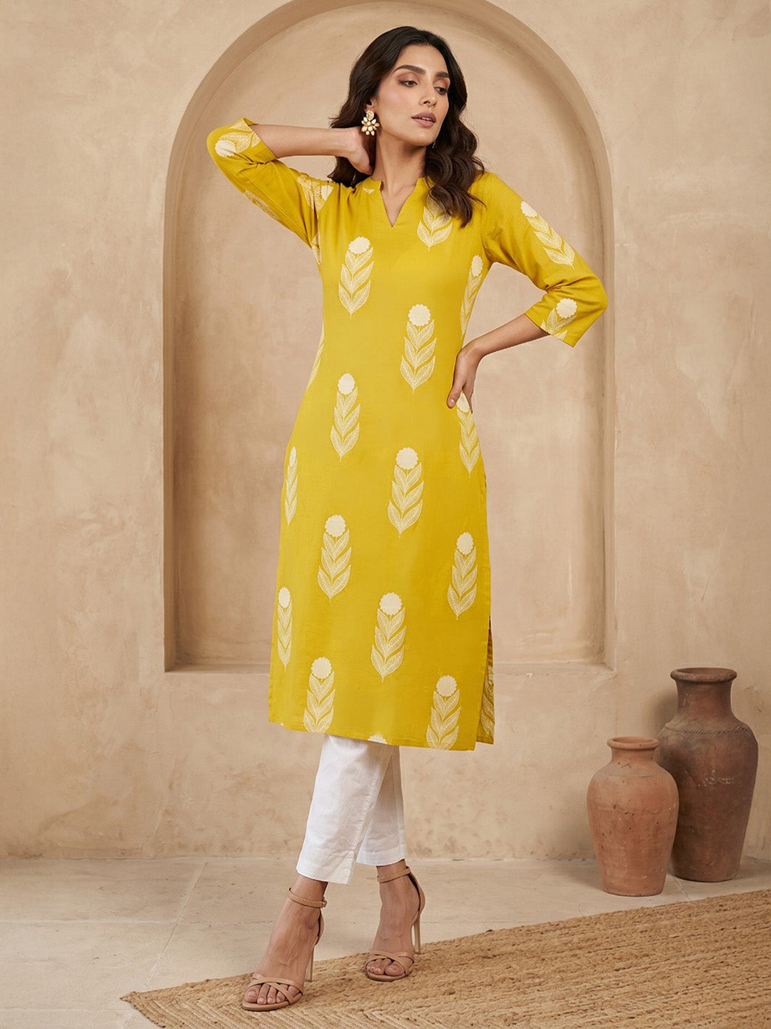 Janasya Lime Yellow Straight Cotton Kurta - Dista