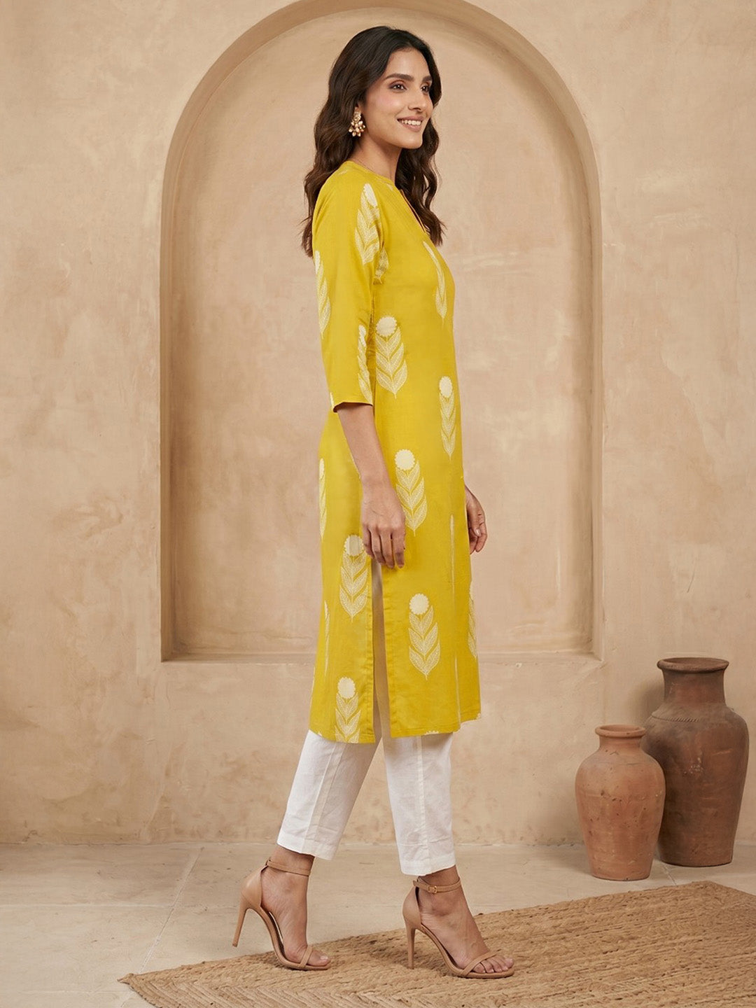 Janasya Lime Yellow Straight Cotton Kurta - Dista