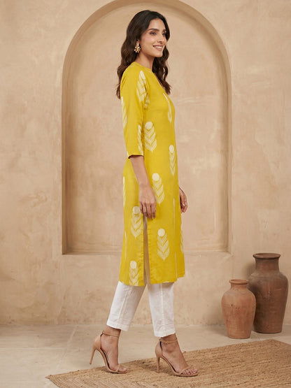 Janasya Lime Yellow Straight Cotton Kurta - Dista