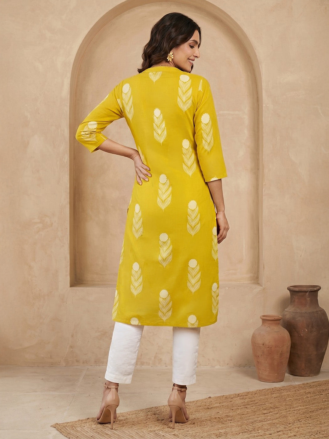 Janasya Lime Yellow Straight Cotton Kurta - Dista