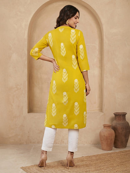 Janasya Lime Yellow Straight Cotton Kurta - Dista