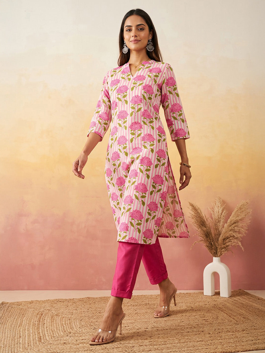 Janasya Pink Straight Cotton Kurta - Dista