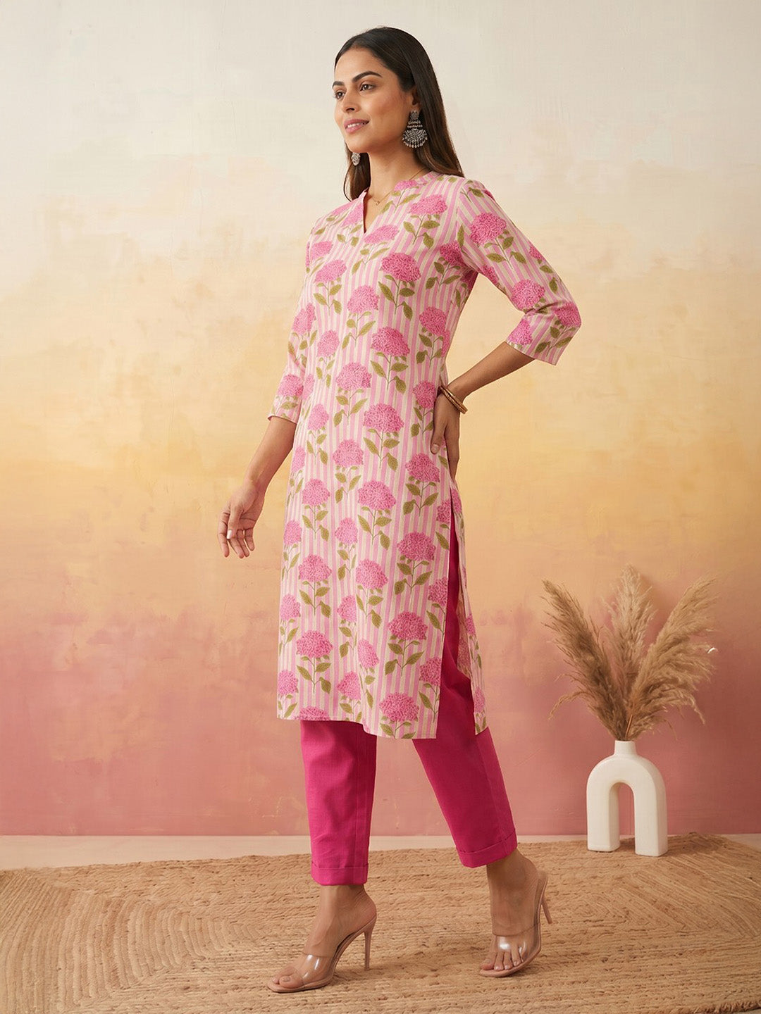 Janasya Pink Straight Cotton Kurta - Dista